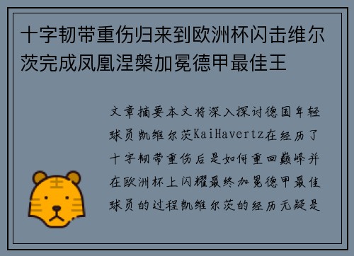 十字韧带重伤归来到欧洲杯闪击维尔茨完成凤凰涅槃加冕德甲最佳王 十字韧带重伤归来到欧洲杯闪击维尔茨完成凤凰涅槃加冕德甲最佳王